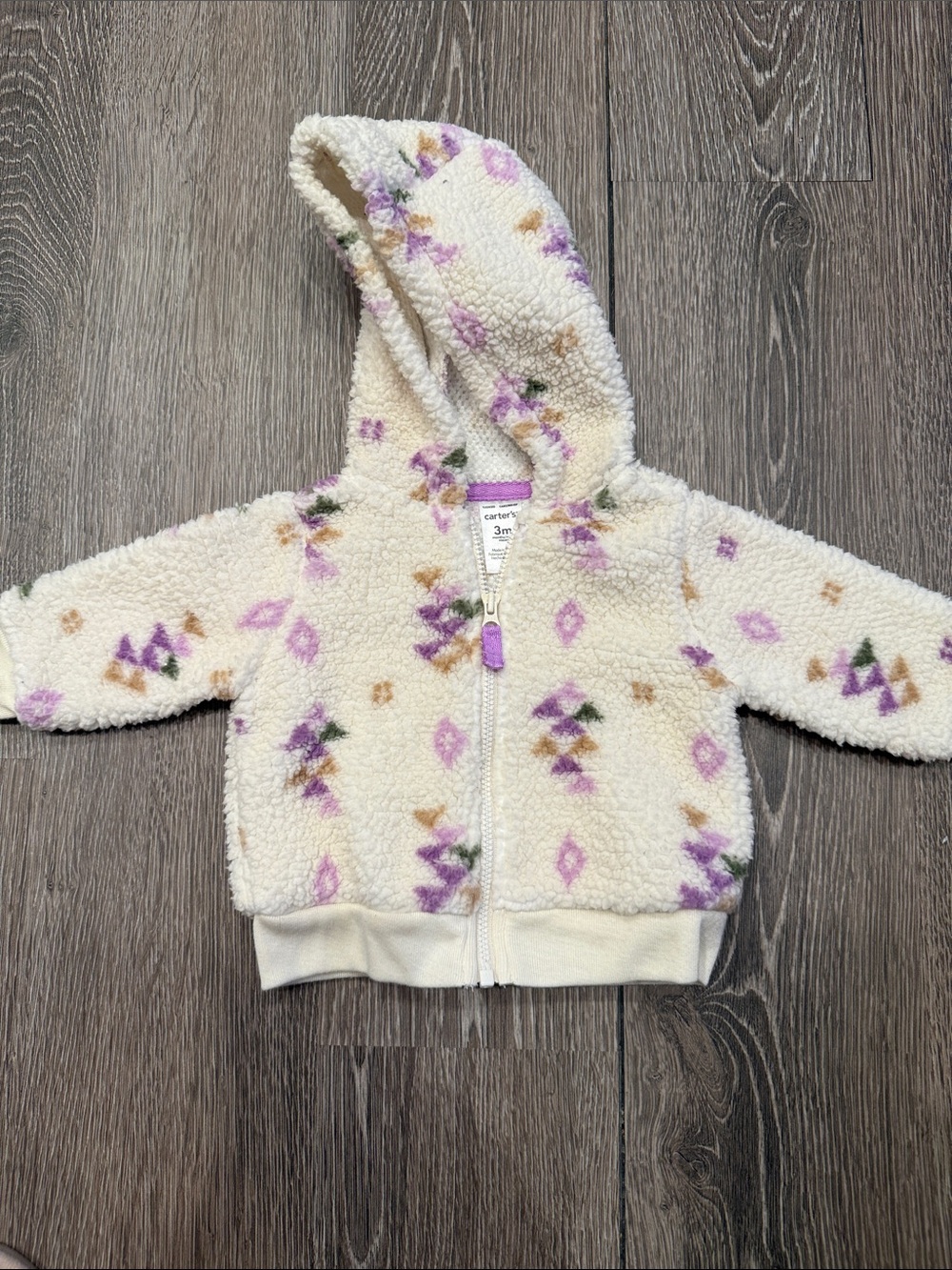Carter's Cream Sherpa Zip Hoodie with Purple and Tan Accents